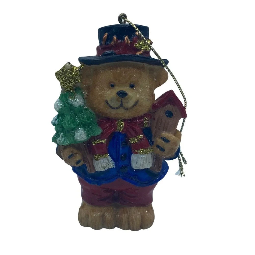 Vtg Teddy Bear Christmas Ornament Resin Figurine Tree Birdhouse Glitter 3